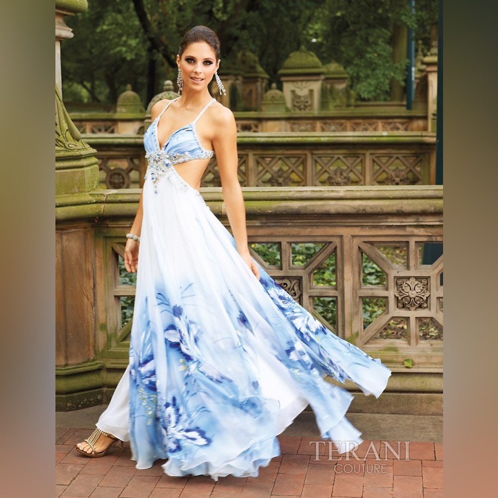 Terani Couture size 0 floral beaded backless prom dress